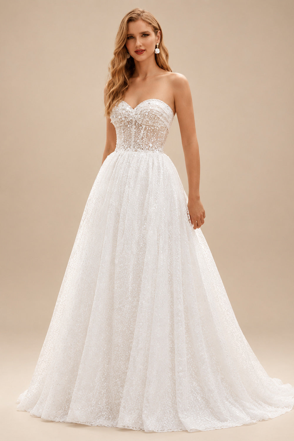 Rutipo Ivory A-Line Illusion Neck Long Sleeves Sweep Train Tulle/Sequined Wedding Dresses