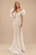 Rutipo Ivory Sheath Off-The-Shoulder Sleeveless Sweep Train Sequined Wedding Dresses