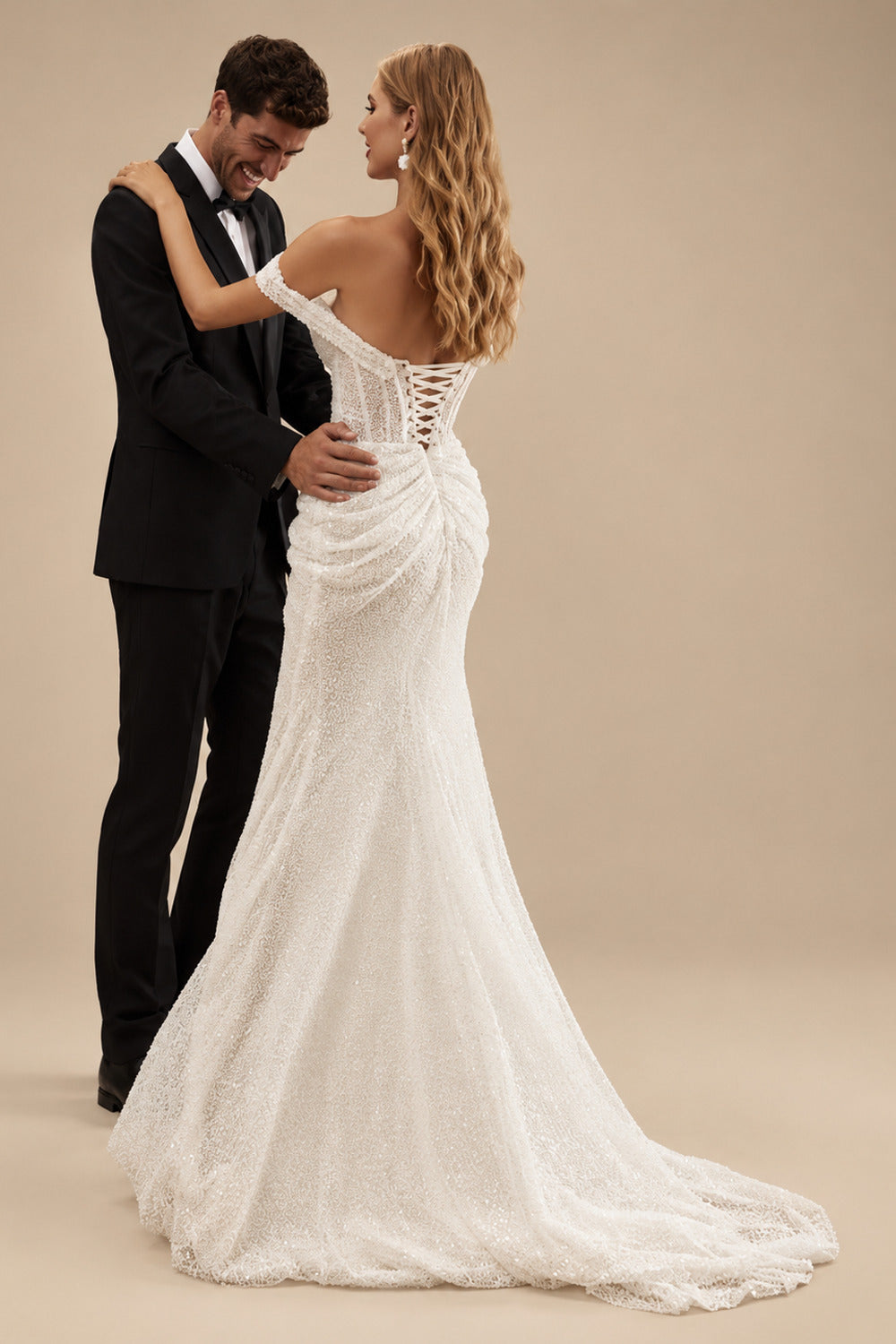 Rutipo Ivory Sheath Off-The-Shoulder Sleeveless Sweep Train Sequined Wedding Dresses