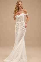 Rutipo Ivory Sheath Off-The-Shoulder Sleeveless Sweep Train Sequined Wedding Dresses
