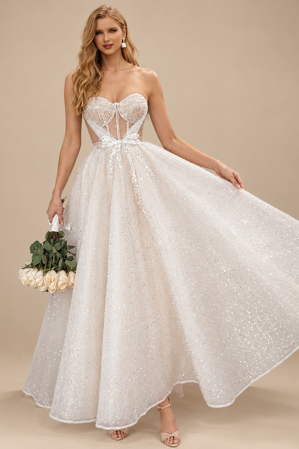 Rutipo As Picture A-Line Sweetheart Sleeveless Sequined Wedding Dresses With Bow(s)