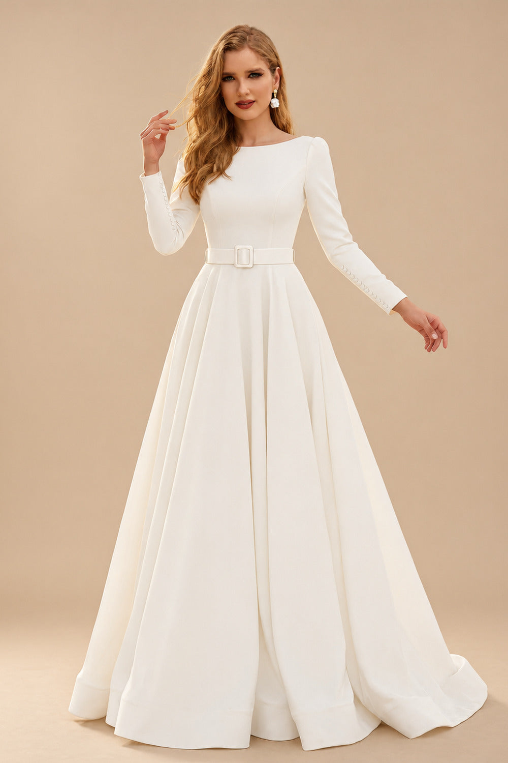 Rutipo Ivory Elegant Simple Long Sleeves Satin Wedding Dresses With A-Line
