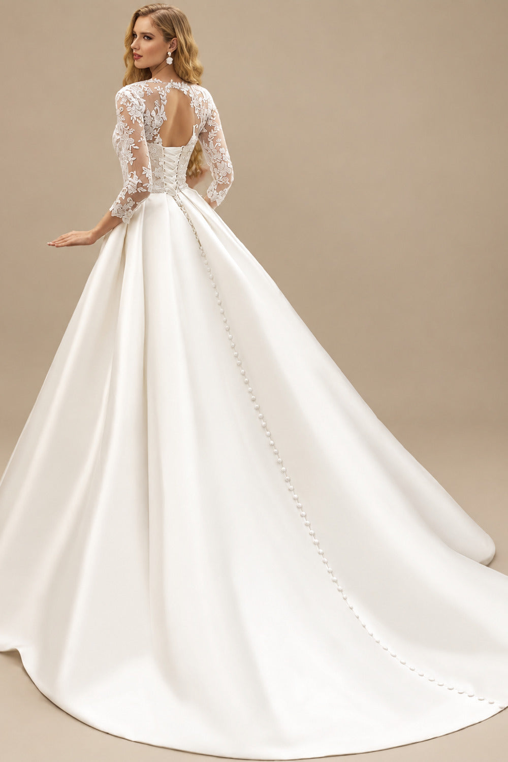 Rutipo As Picture Elegant Ball-Gown Illusion Neck 3/4 Sleeves Court Train Lace/Twill Satin Wedding Dress With Beading