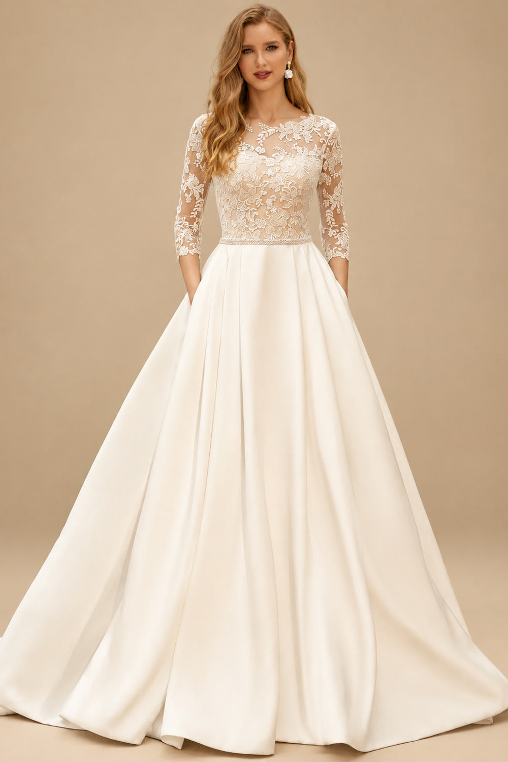 Rutipo As Picture Elegant Ball-Gown Illusion Neck 3/4 Sleeves Court Train Lace/Twill Satin Wedding Dress With Beading