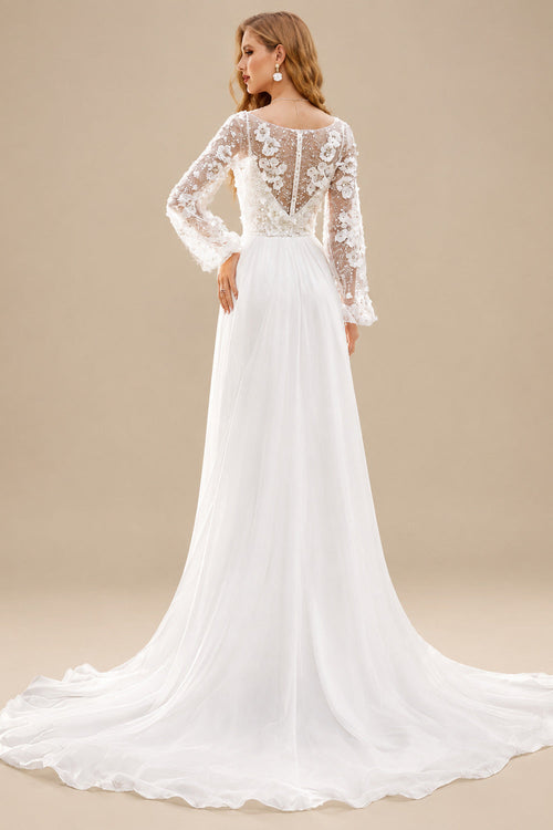 Rutipo Ivory A-Line Illusion Neck Long Sleeves Lace/Tulle Wedding Dresses With Split Front