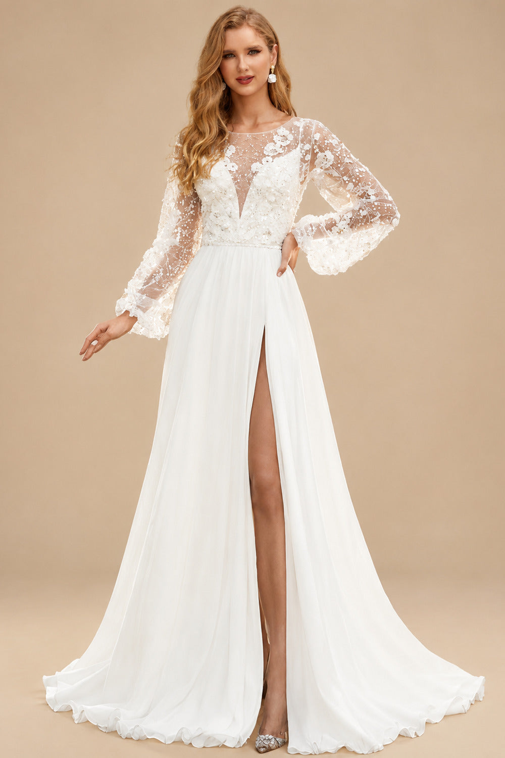 Rutipo Ivory A-Line Illusion Neck Long Sleeves Lace/Tulle Wedding Dresses With Split Front