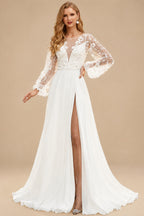 Rutipo Ivory A-Line Illusion Neck Long Sleeves Lace/Tulle Wedding Dresses With Split Front