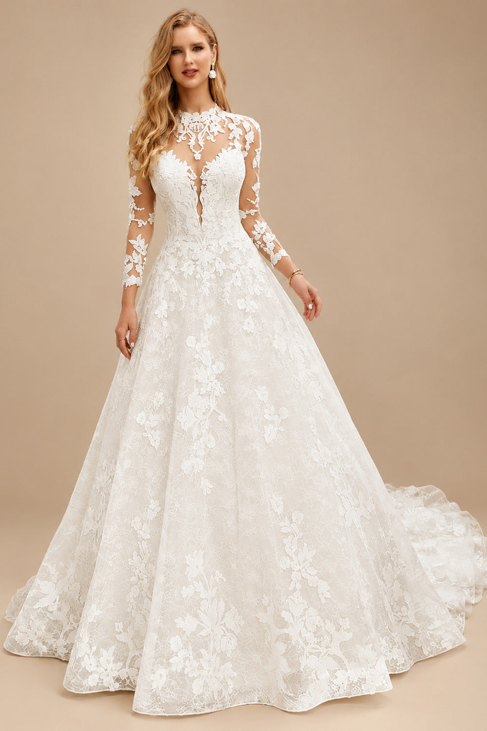 Rutipo Ivory Ball-Gown Illusion Neck 3/4 Sleeves Sweep Train Lace/Tulle Wedding Dresses