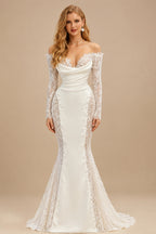 Rutipo Ivory Lace Long Sleeves Off-The-Shoulder Trumpet/Mermaid Wedding Dresses With Pearl