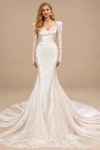 Rutipo Ivory Lace Long Sleeves Off-The-Shoulder Trumpet/Mermaid Wedding Dresses With Pearl