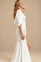 Rutipo Ivory Sheath/Column V-Neck Elastic Satin Wedding Dresses With Split Front