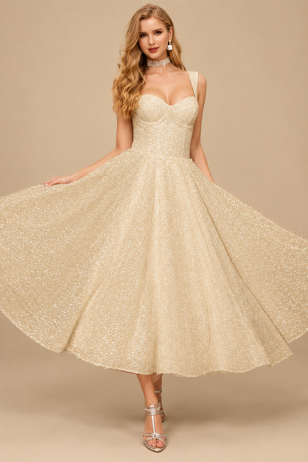 Rutipo Champagne Sparkly Sequined Tea-Length Wedding Dresses