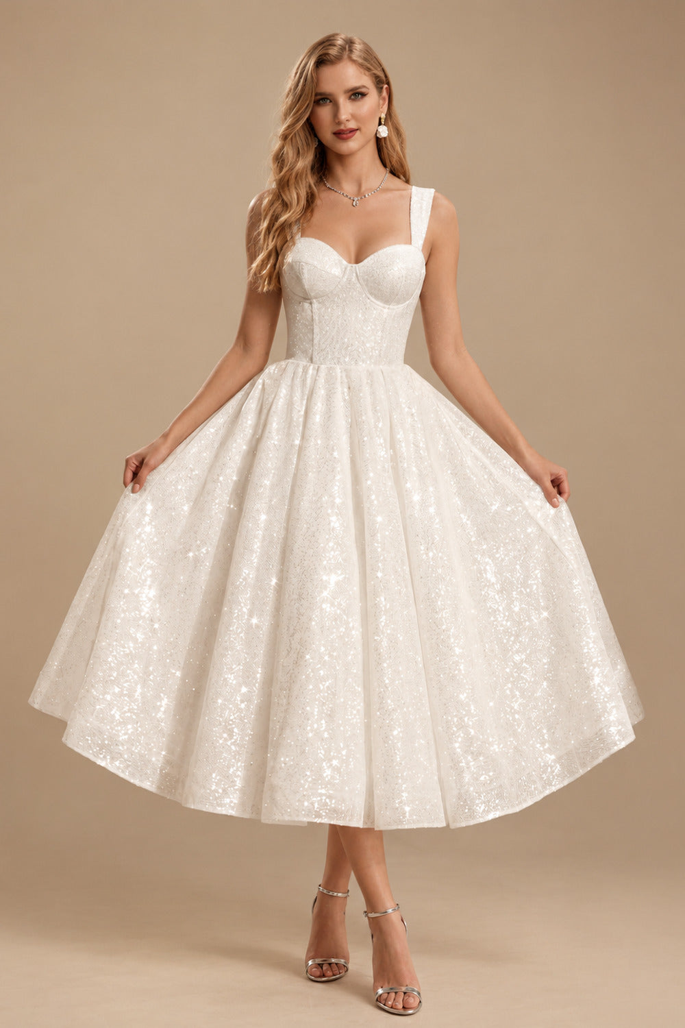 Rutipo Ivory Sparkly Sequined Tea-Length Wedding Dresses