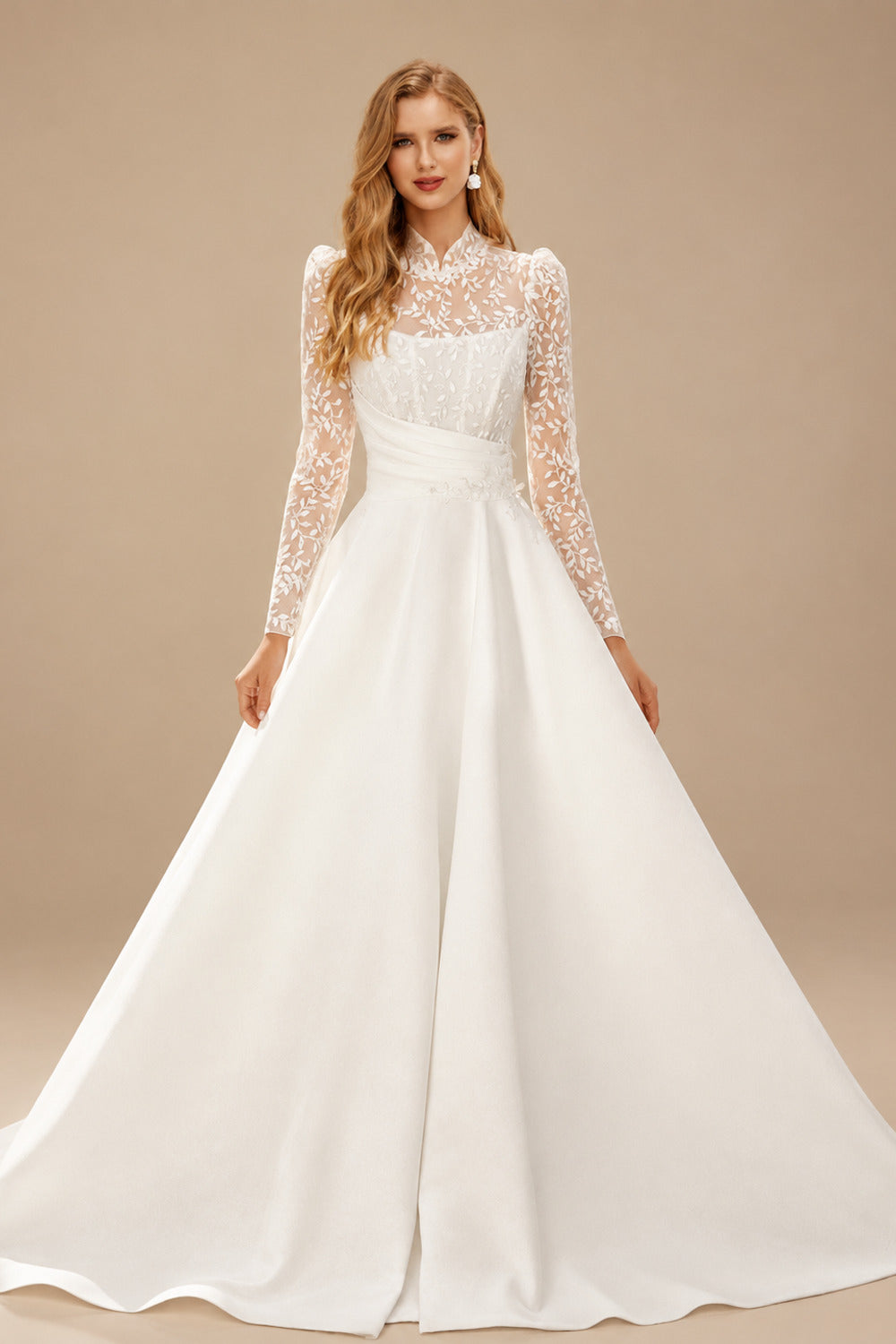 Rutipo Ivory Lace High Neck Long Sleeves Ball-Gown Wedding Dresses