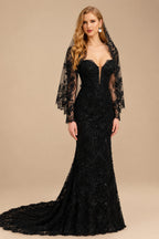 Rutipo Black Trumpet/Mermaid Sweetheart Long Sleeves Black Lace Wedding Dresses