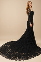 Rutipo Black Trumpet/Mermaid Sweetheart Long Sleeves Black Lace Wedding Dresses