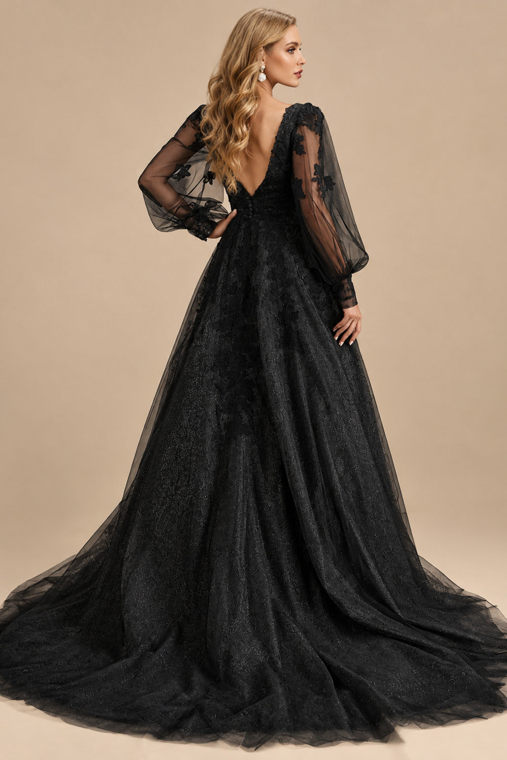 Rutipo Black Ball-Gown V-Neck Long Sleeves Sweep Train Lace/Tulle Wedding Dresses