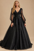 Rutipo Black Ball-Gown V-Neck Long Sleeves Sweep Train Lace/Tulle Wedding Dresses