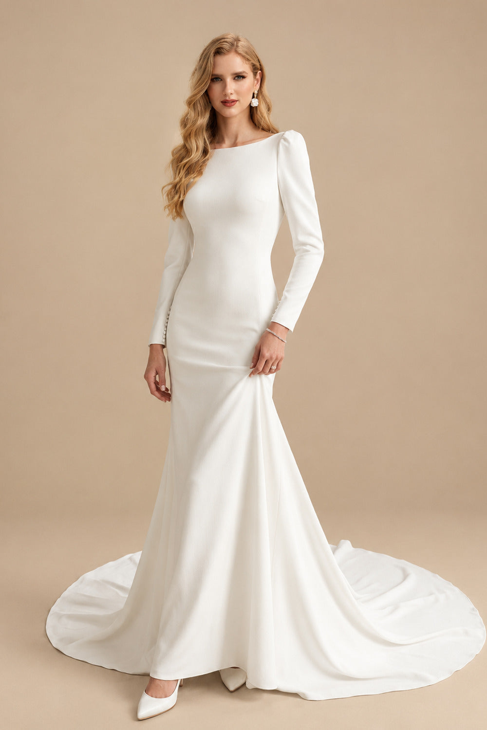 Rutipo Ivory Mermaid Scoop Neck Long Sleeves Court Train Elastic Satin Wedding Dresses