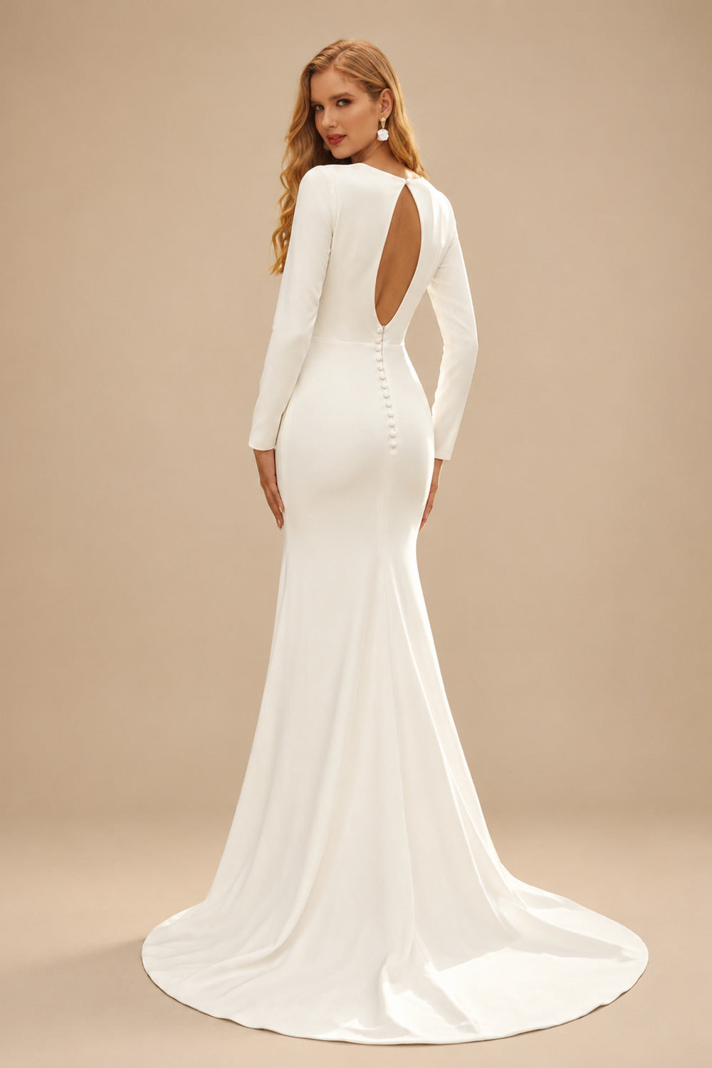 Rutipo Ivory Sheath V-Neck Long Sleeves Court Train Elastic Satin Wedding Dresses With Split Front