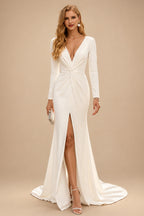 Rutipo Ivory Sheath V-Neck Long Sleeves Court Train Elastic Satin Wedding Dresses With Split Front