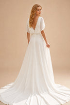 Rutipo Ivory Boho Lace Open Back A-Line Wrap Wedding Dresses