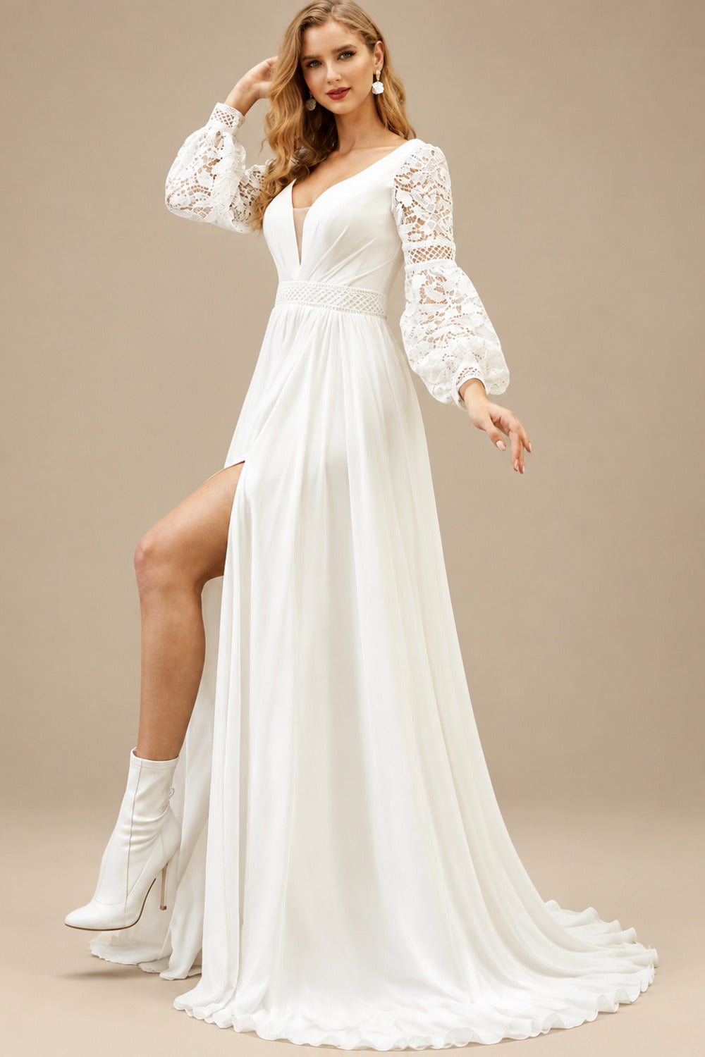 Rutipo Ivory A-Line V-Neck Long Sleeves Sweep Train Chiffon/Lace Wedding Dresses