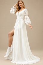 Rutipo Ivory A-Line V-Neck Long Sleeves Sweep Train Chiffon/Lace Wedding Dresses