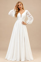 Rutipo Ivory A-Line V-Neck Long Sleeves Sweep Train Chiffon/Lace Wedding Dresses