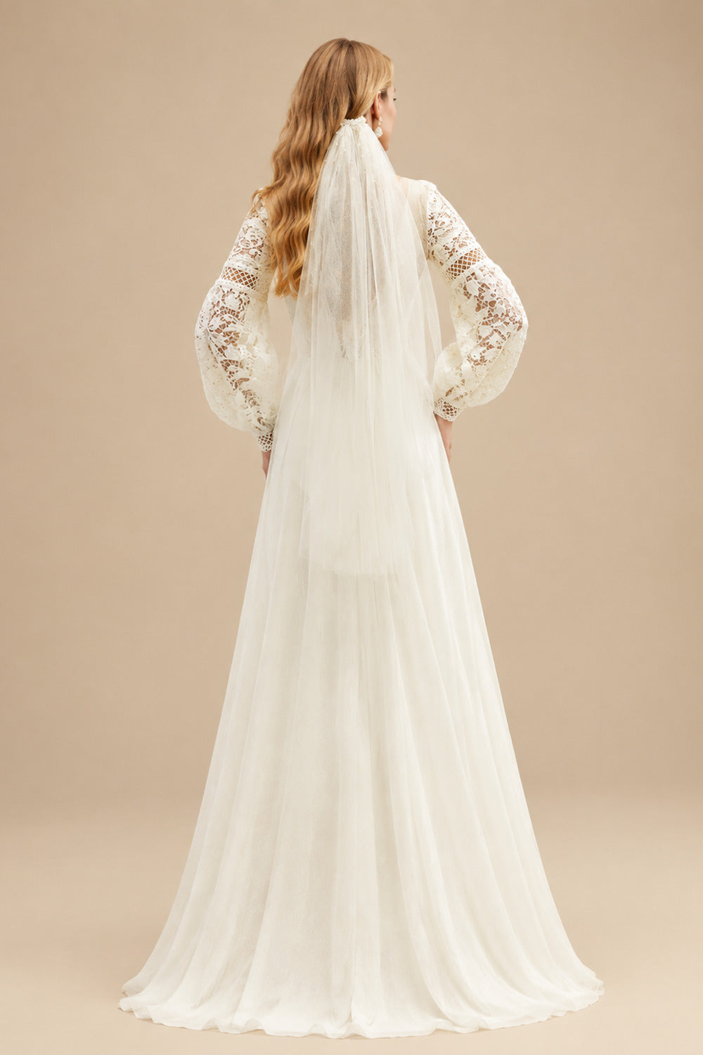 Rutipo Ivory A-Line V-Neck Long Sleeves Sweep Train Chiffon/Lace Wedding Dresses