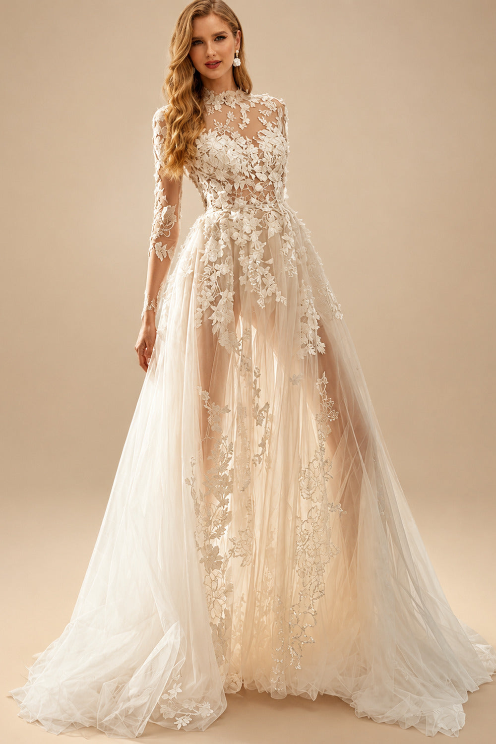 Rutipo As Picture A-Line High Neck 1/2 Sleeves Sweep Train Lace Wedding Dresses