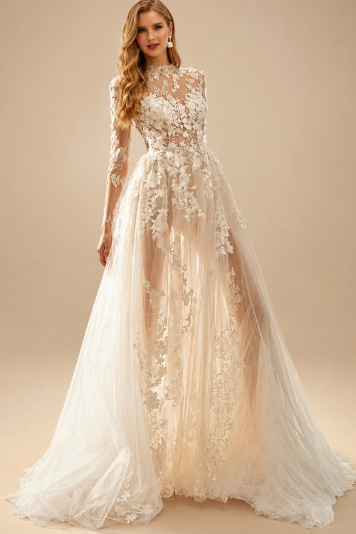 Rutipo As Picture A-Line High Neck 1/2 Sleeves Sweep Train Lace Wedding Dresses