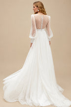 Rutipo Ivory V-Neck Long Sleeves Tulle A-Line Wedding Dresses