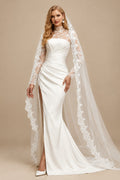 Rutipo Ivory High Neck Lace Long Sleeves Satin Wedding Dresses