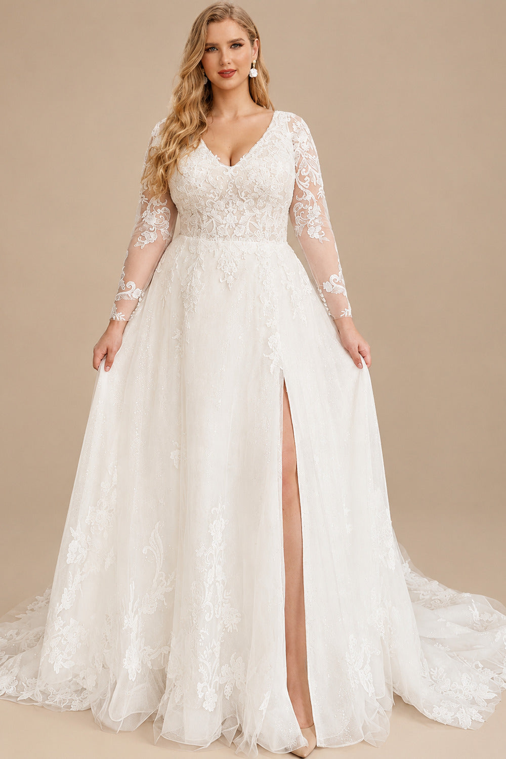Rutipo Ivory A-Line V-Neck Long Sleeves Tulle Wedding Dresses With Appliques Lace