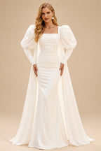 Rutipo Ivory Sheath/Column Square Neckline Long Sleeves Sweep Train Wedding Dresses