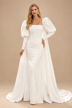 Rutipo Ivory Sheath/Column Square Neckline Long Sleeves Sweep Train Wedding Dresses