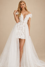 Rutipo Ivory Sheath/Column Off-The-Shoulder Sleeveless Detachable Wedding Dresses With Lace
