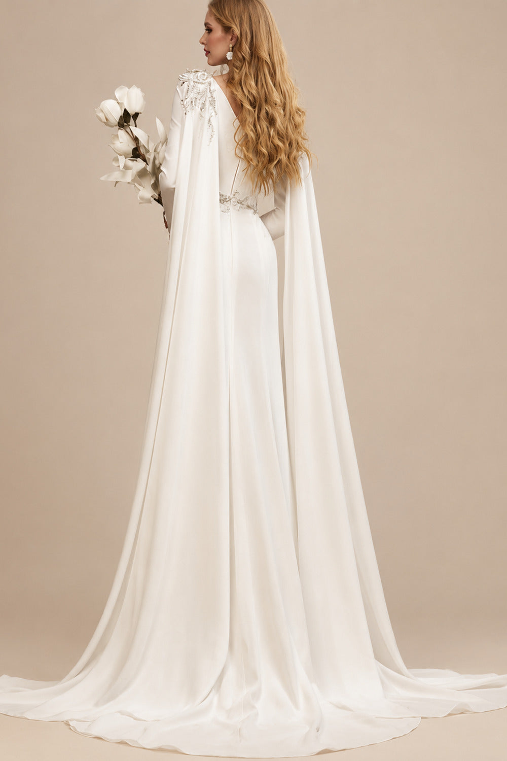 Rutipo Ivory Sheath/Column V-Neck Long Sleeves Chiffon Wedding Dresses With Sequins