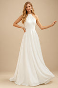 Rutipo Ivory High Neck Open Back Simple A-Line Wedding Dresses
