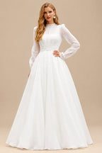 Rutipo Ivory High Neck Long Sleeves A-Line Wedding Dresses