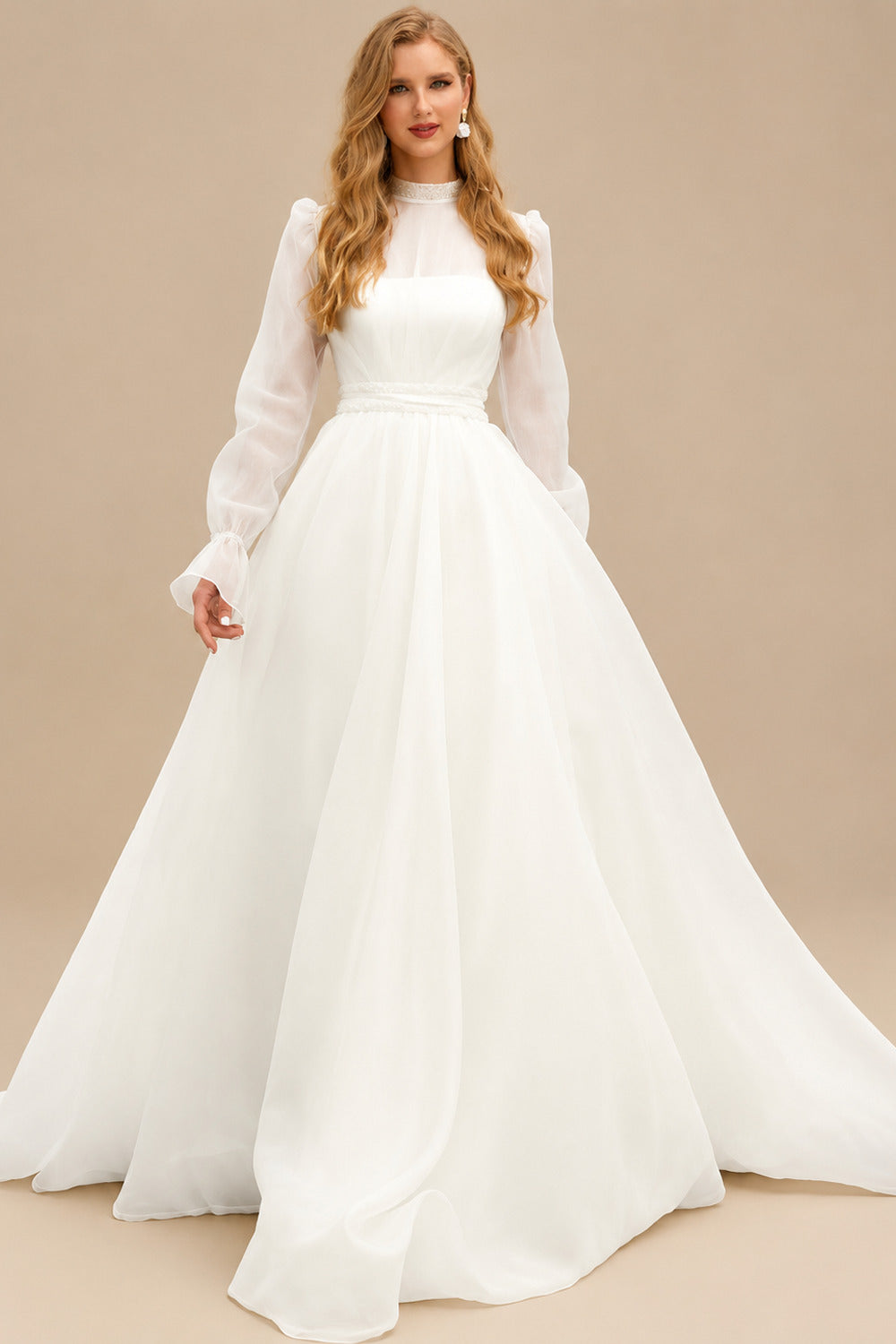 Rutipo Ivory High Neck Long Sleeves A-Line Wedding Dresses
