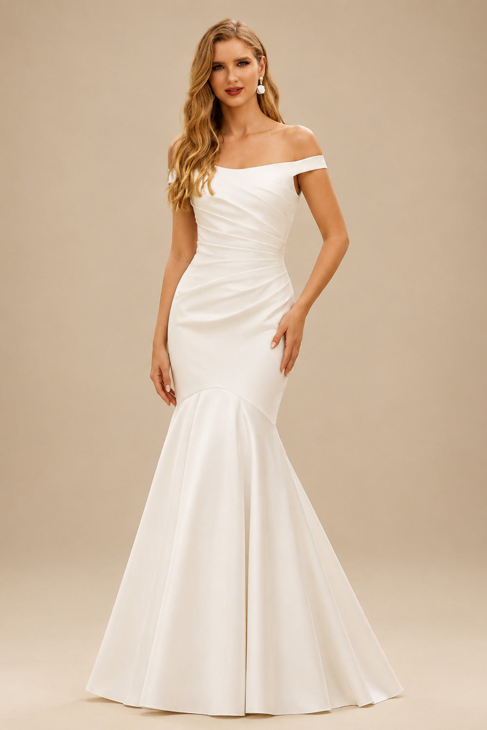 Rutipo Ivory Trumpet/Mermaid Off-The-Shoulder Satin Wedding Dresses With Pleated