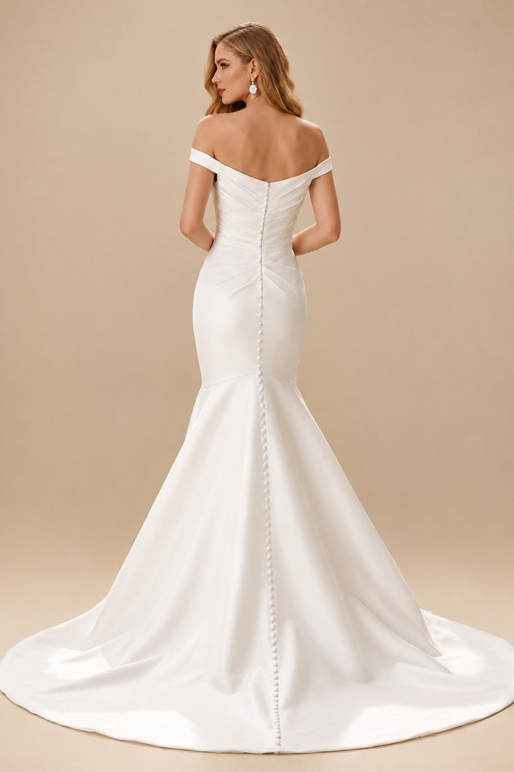 Rutipo Ivory Trumpet/Mermaid Off-The-Shoulder Satin Wedding Dresses With Pleated