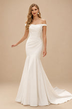 Rutipo Ivory Trumpet/Mermaid Off-The-Shoulder Satin Wedding Dresses With Pleated
