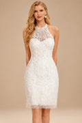 Rutipo Ivory Sheath/Column Halter Sleeveless Short/Mini Lace Wedding Dresses