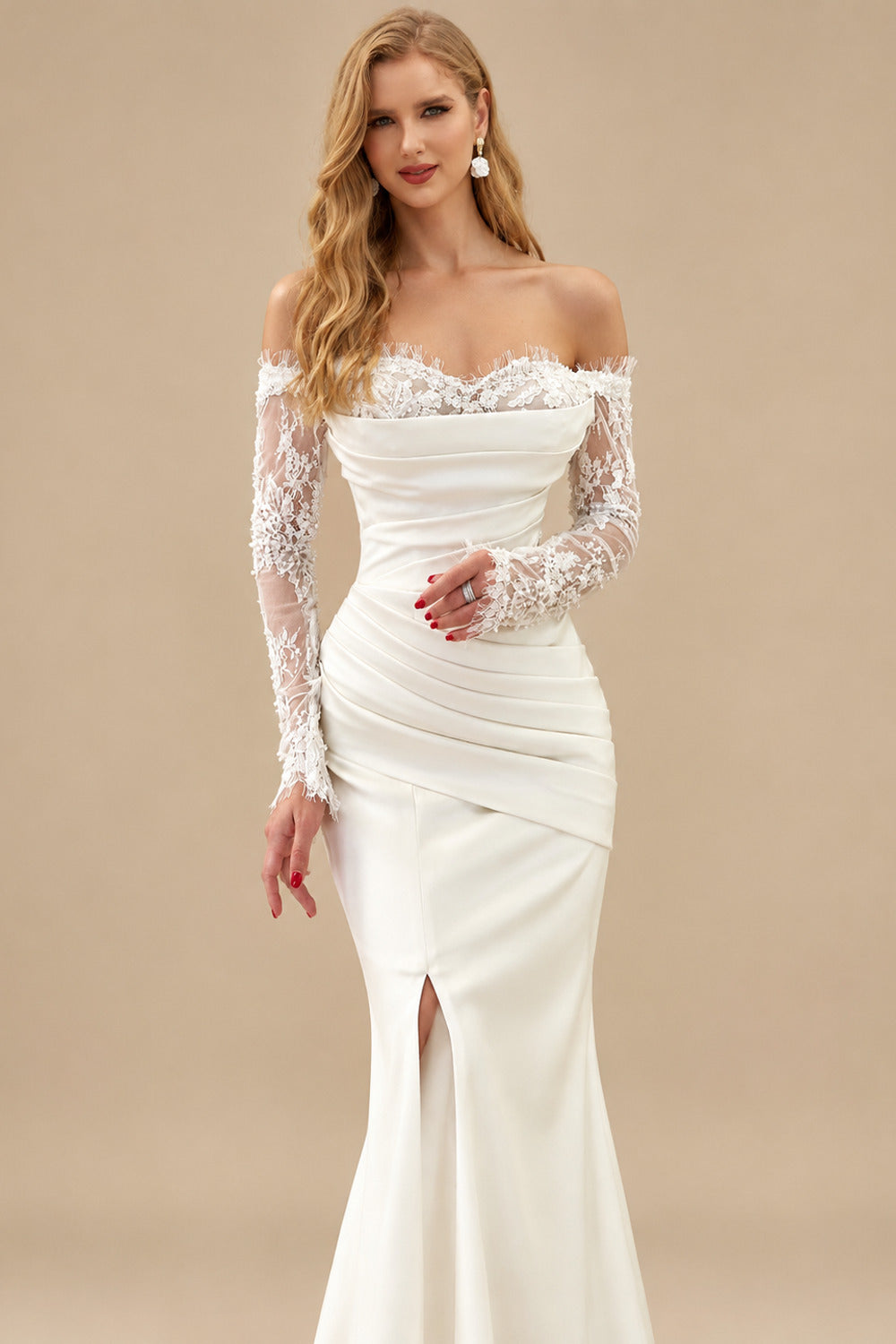 Rutipo Ivory Sheath/Column Strapless Long Sleeves Satin Wedding Dresses With Lace