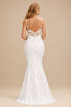Rutipo Ivory V-Neck Sleeveless Court Train Lace Wedding Dresses
