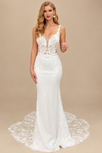 Rutipo Ivory V-Neck Sleeveless Court Train Lace Wedding Dresses