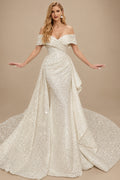 Rutipo Ivory Off-The-Shoulder Sleeveless Court Train Sequined Wedding Dresses